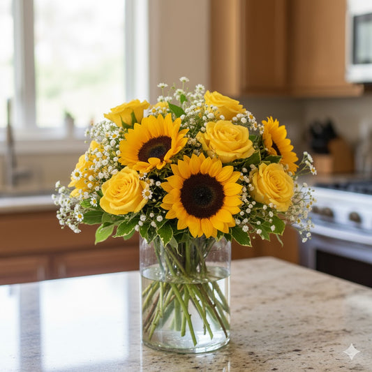 Sunny Day Basket Arrangement | Sunflowers, Roses & Baby’s Breath